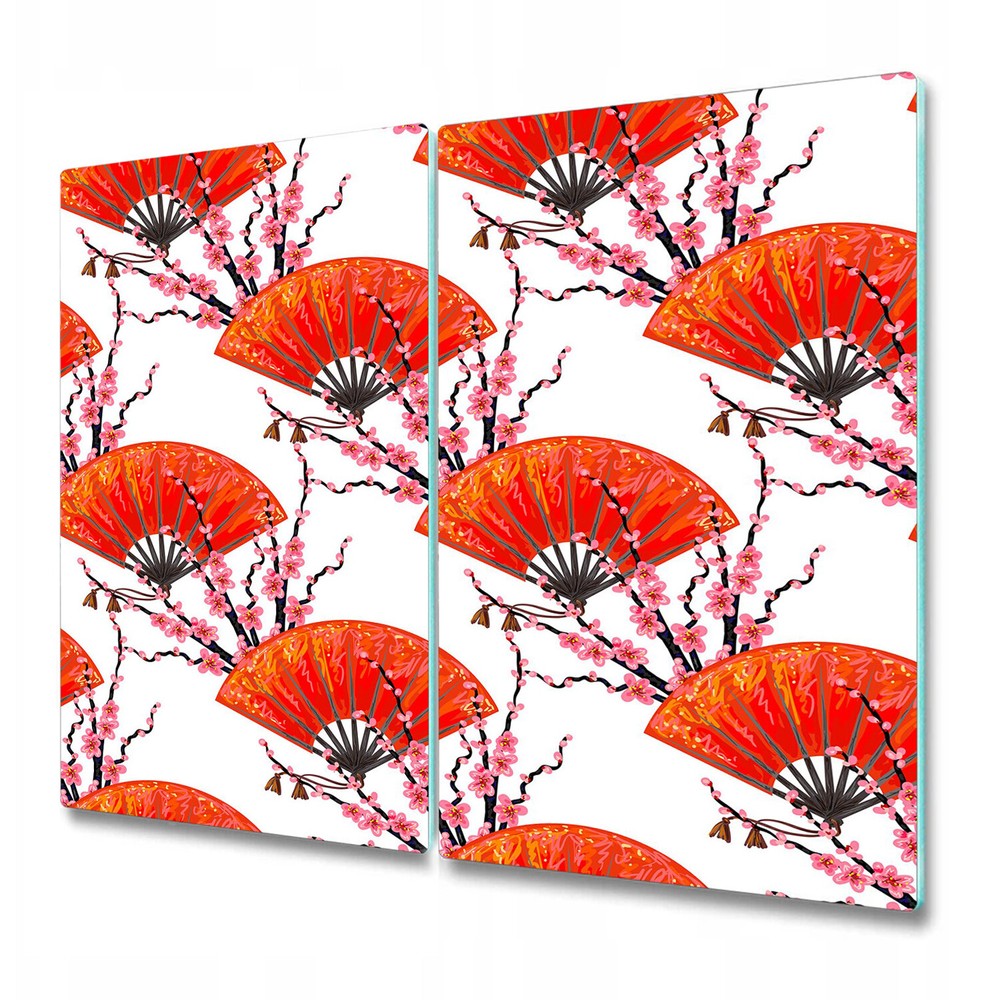 Tempered Glass Meat Board Worktop Saver Hand fan sakura red and pink art 2x30x52