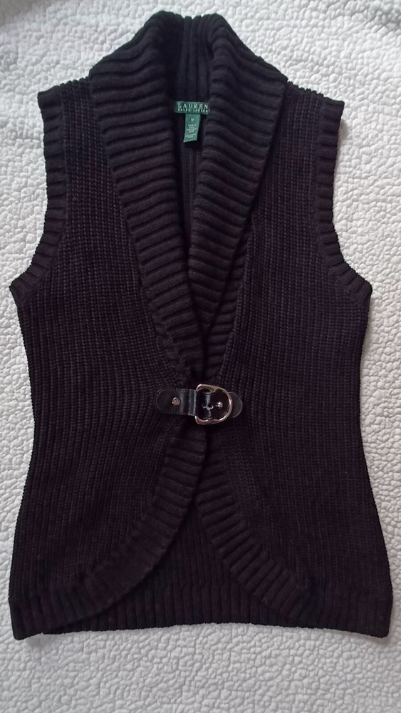 Lauren Ralph Lauren Black Shawl Collar Vest Equestrian Silver Clasp Sweater Med
