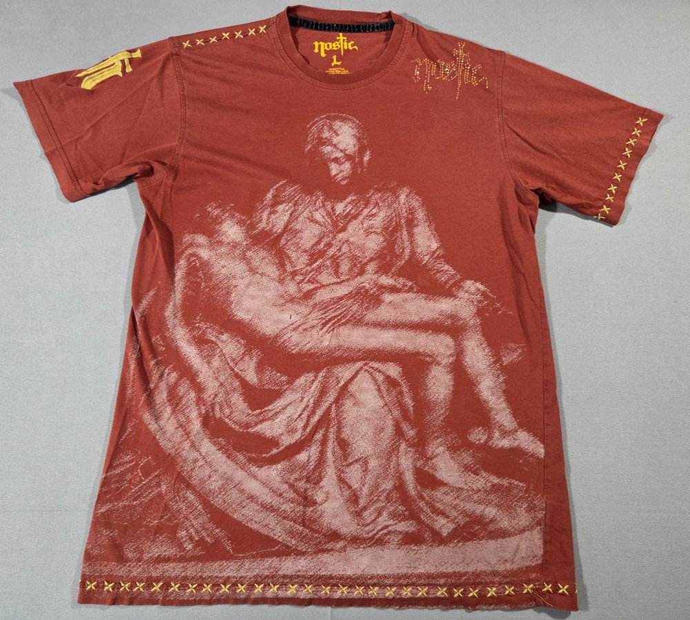 Nostic Mens Large Brown Pieta Graphic T Shirt Studded Distressed Cotton Tee