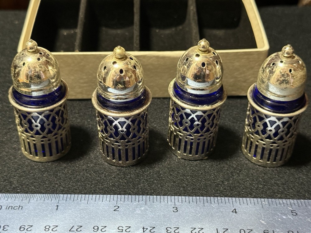 Vintage Mikasa Cobalt Blue Glass Salt Pepper Spice Shakers Set of 4 Silver Tone