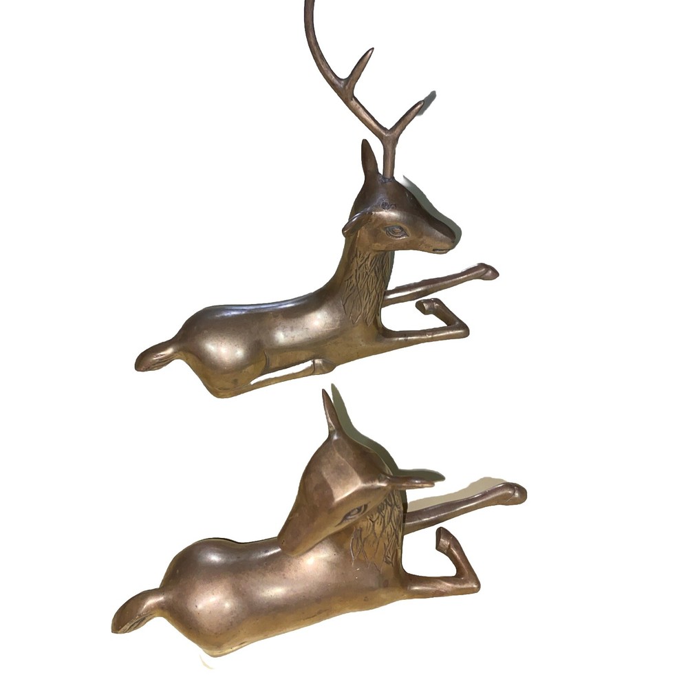 Vintage Brass Deer set of 2 figurines Christmas Reindeer accent decor-image