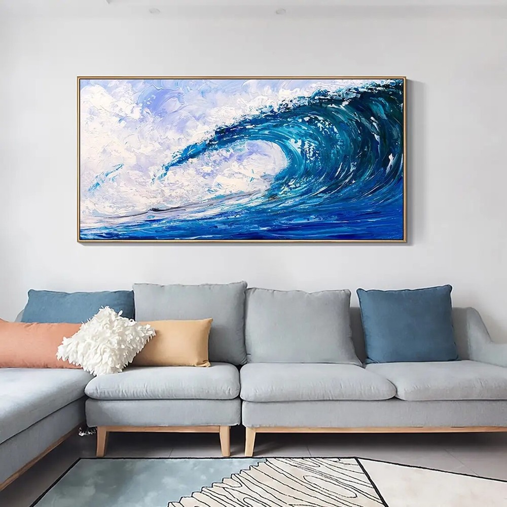 Abstract Blue Wave Hand Painted Oil Painting On Canvas Textured Acrylic Painting