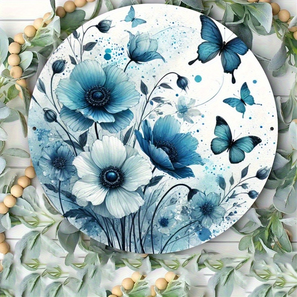 Vintage Blue Floral Butterfly Round Metal Wall Art Framed