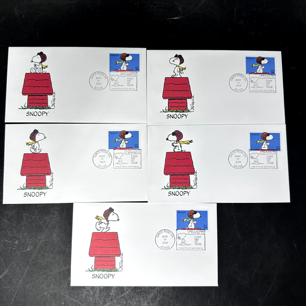 Peanuts First Day of Issue Cover 2001 Set of 5 Snoopy Stamps Charles Schulz