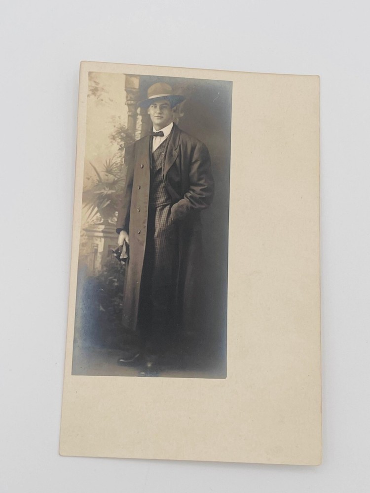 RPPC AZO Real Photo Postcard – Man in Overcoat & Bowler Hat – c.1904–1918