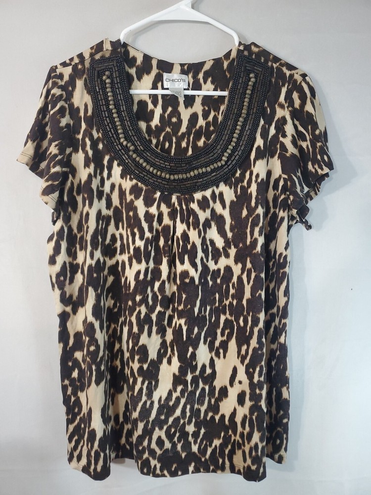 Chico's Blouse Women's Size 3/XL Beaded Animal Print Short Sleeve