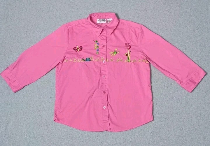 Vintage Breckenridge Embroidered Button Up Blouse Size PS Pink Garden Party Boho