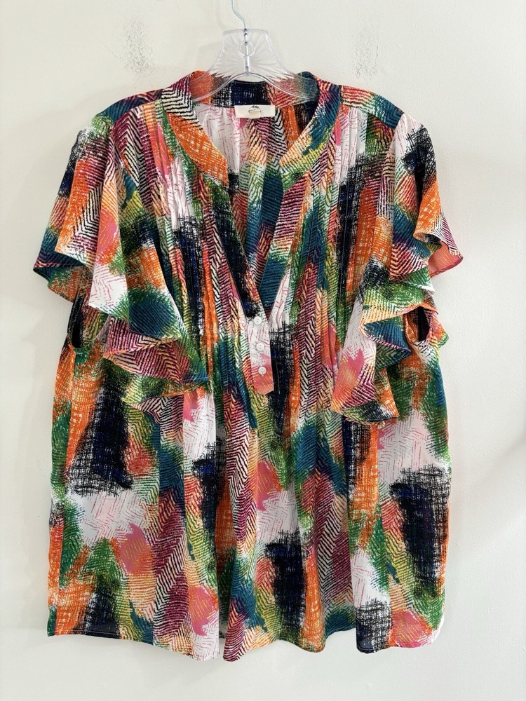 Entro Tunic Blouse Anthropologie 1X Women’s Pleated Button 1/4 Front Flutter