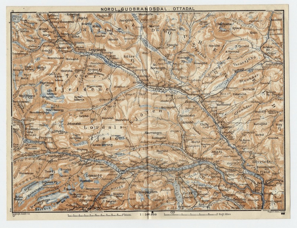 1909 Original Antique Map Of Ottadalen Gudbrandsdalen Valley / Oppland / Norway