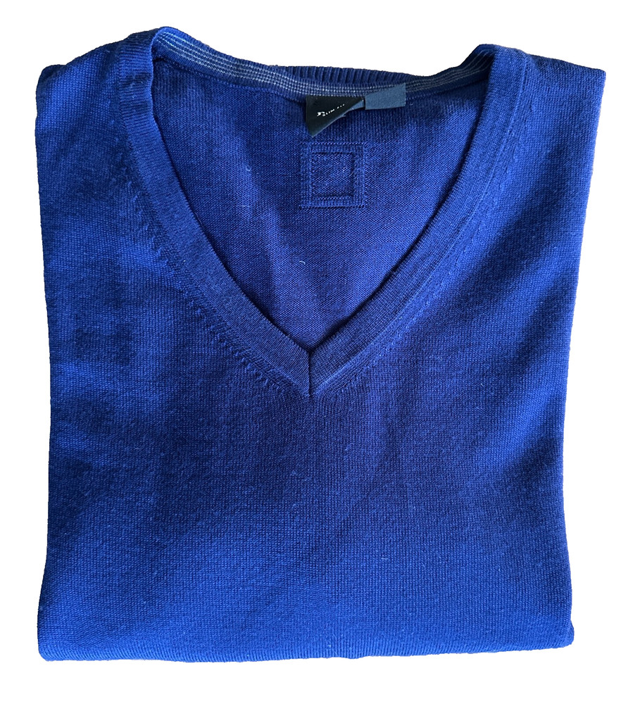 Hugo Boss Sweater XXL Blue Extrafine Merino Wool V-Neck Pullover Slim Fit Mens