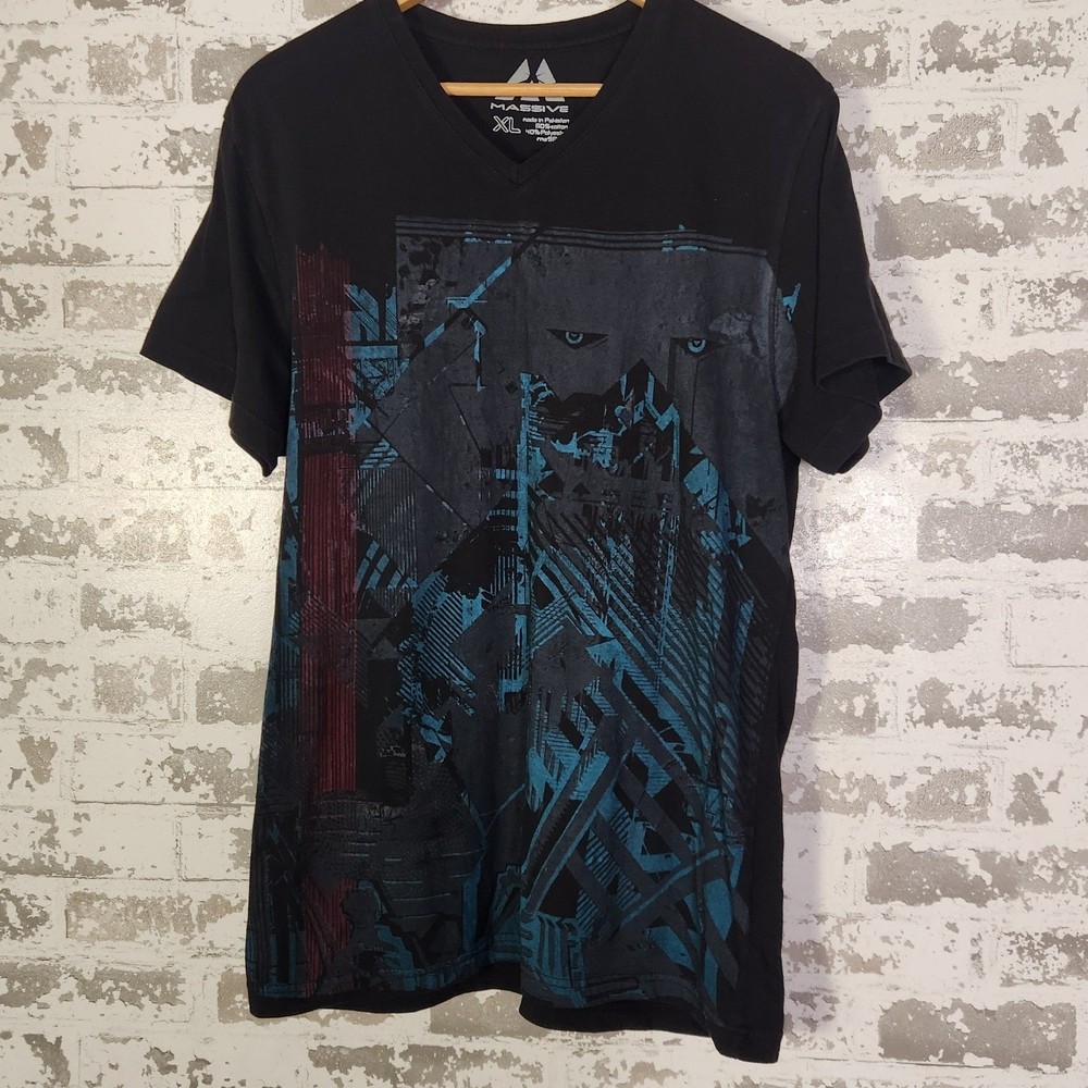 Massive V-Neck Graphic T-Shirt XL Black Blue Red Abstract Panther Face Art Tee-image