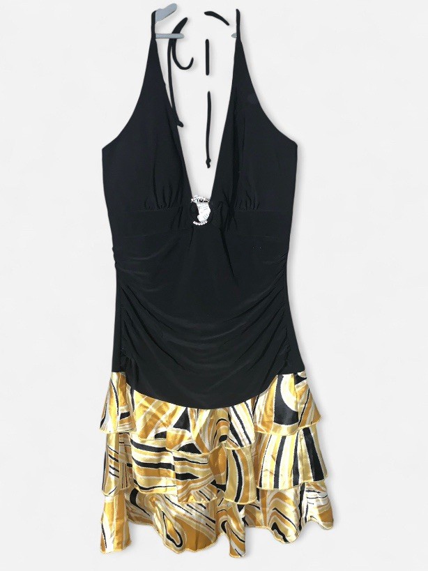 Y2K Dead stock Bling O-Ring Club Party Halter Ruffled Mini Dress Taboo Size Med