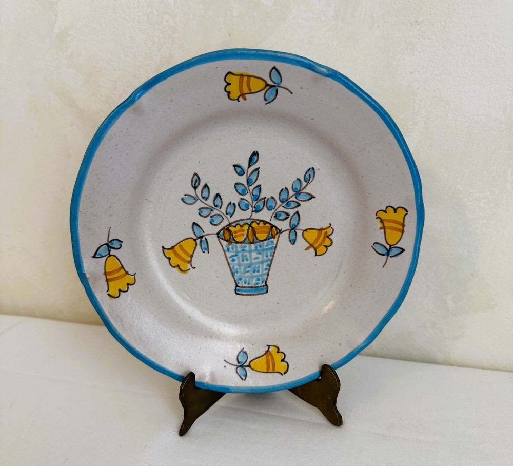 Vintage CAS Vietri Italian Hand Painted Pottery Plate Blue Yellow Flowers 8