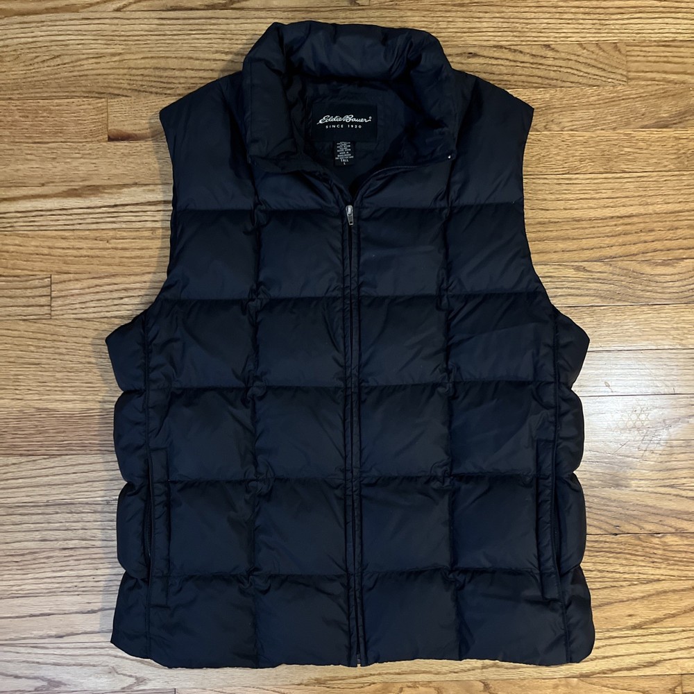 Eddie Bauer Vest Mens L Tall Goose Down Puffer Jacket Full Zip Black LT