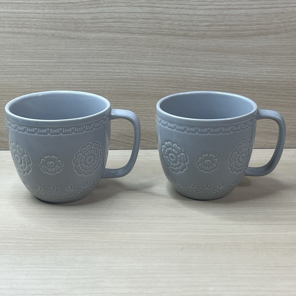 Wild Sage Sana Medallion Medal Grey Coffee Mug Cup 2 Pair Stoneware Gray Flower