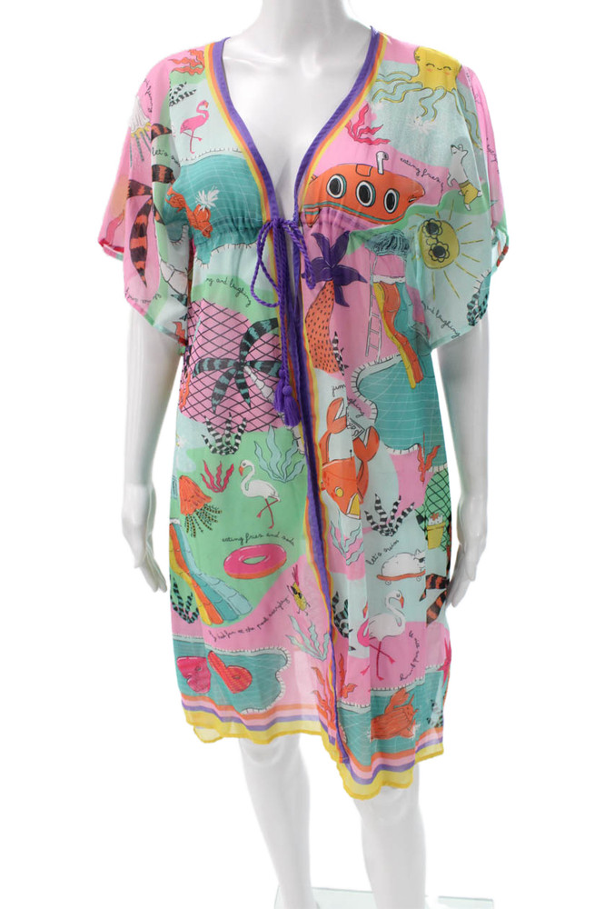 Agua Bendita Women Multicolor Kaftan Dress V-Neck Tie Waist Mid-Calf Size SFree Shipping in US $100+ Orders | $6.95 Orders Below