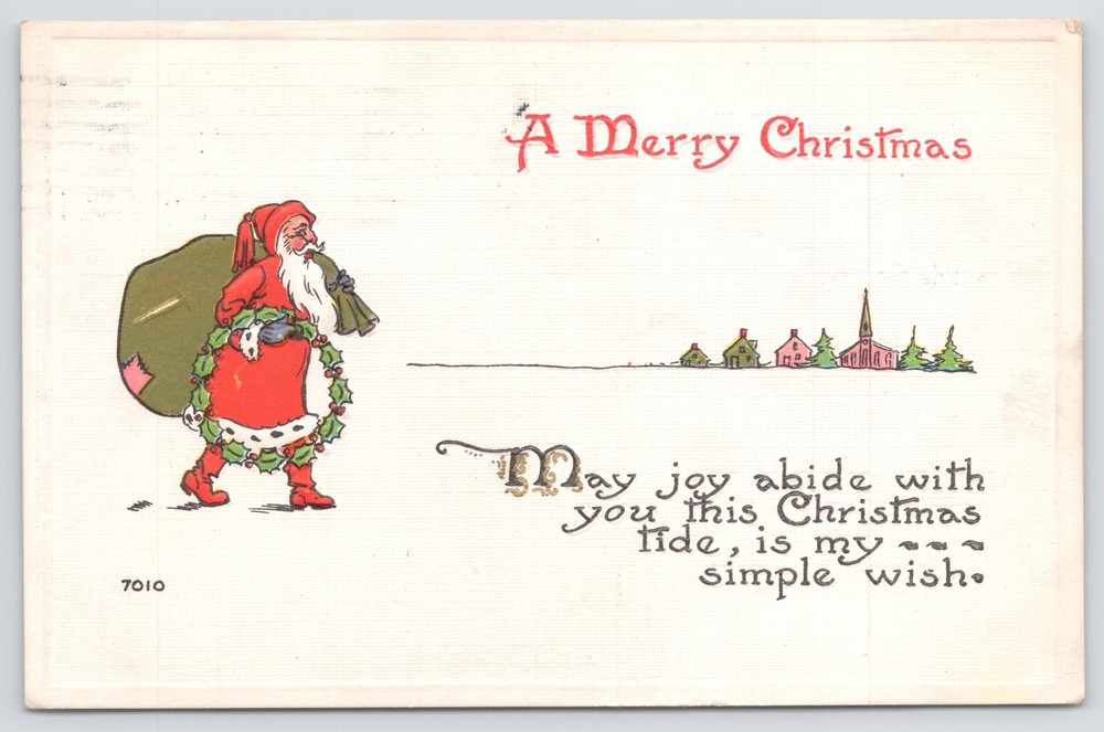 Holiday~Christmas~Santa Claus with Sack of Toys~Town Outline~c1910 Postcard