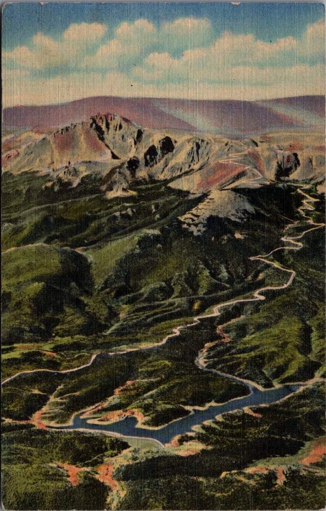 Pikes Peak Colorado Aerial View Auto Highway Linen Postcard Sanborn