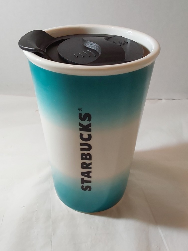 Starbucks 8oz Travel Coffee Mug Cup Tumbler Ceramic Blue White Ombre w/ Lid