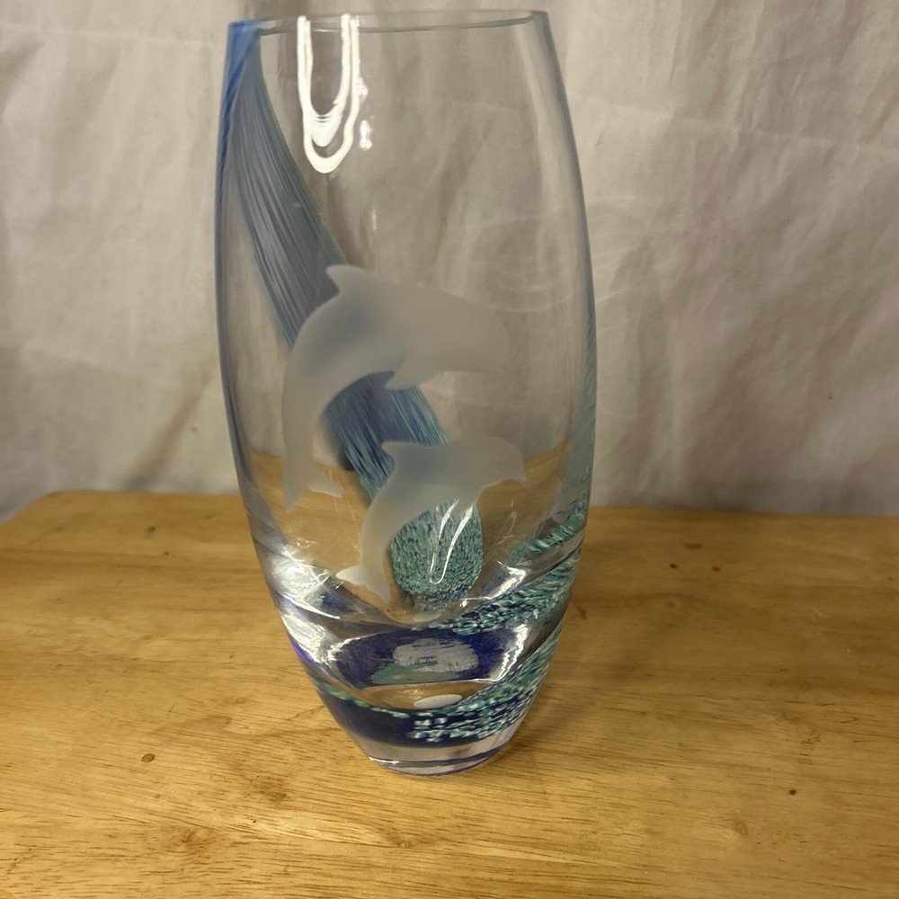 Lenox Art Glass Vase Etched Dolphin 