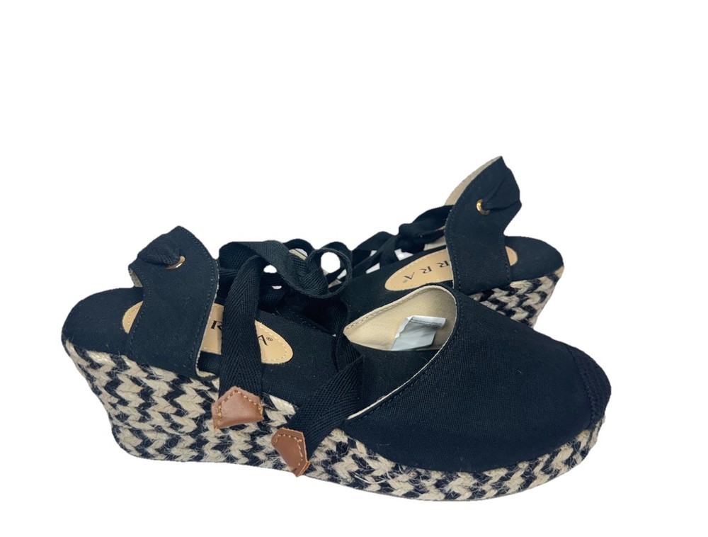 SERRA Espadrille Wedge Sandals Black & Beige Tie Up Women Sz 8 ALDI