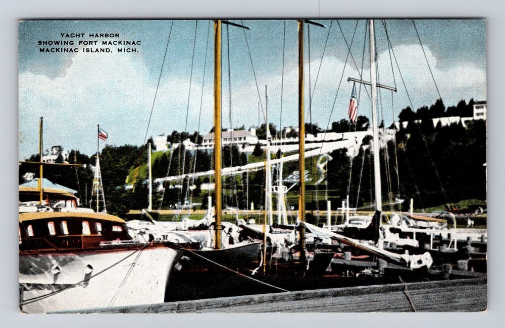 Mackinac Island MI-Michigan, Yacht Harbor, Fort Mackinac, Vintage Postcard