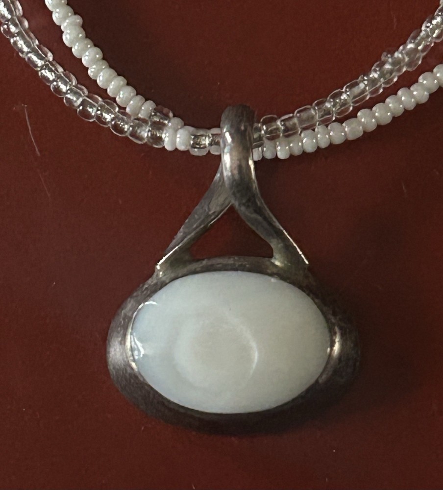 VTG Mother of Pearl & Heavy Sterling Silver Oval Pendant • 14” Beaded Necklace