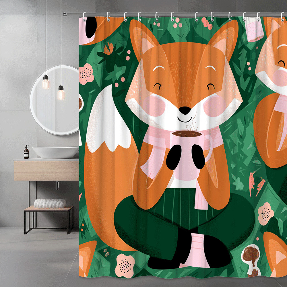Fox Shower Curtain Green Forest Cute Animal Print