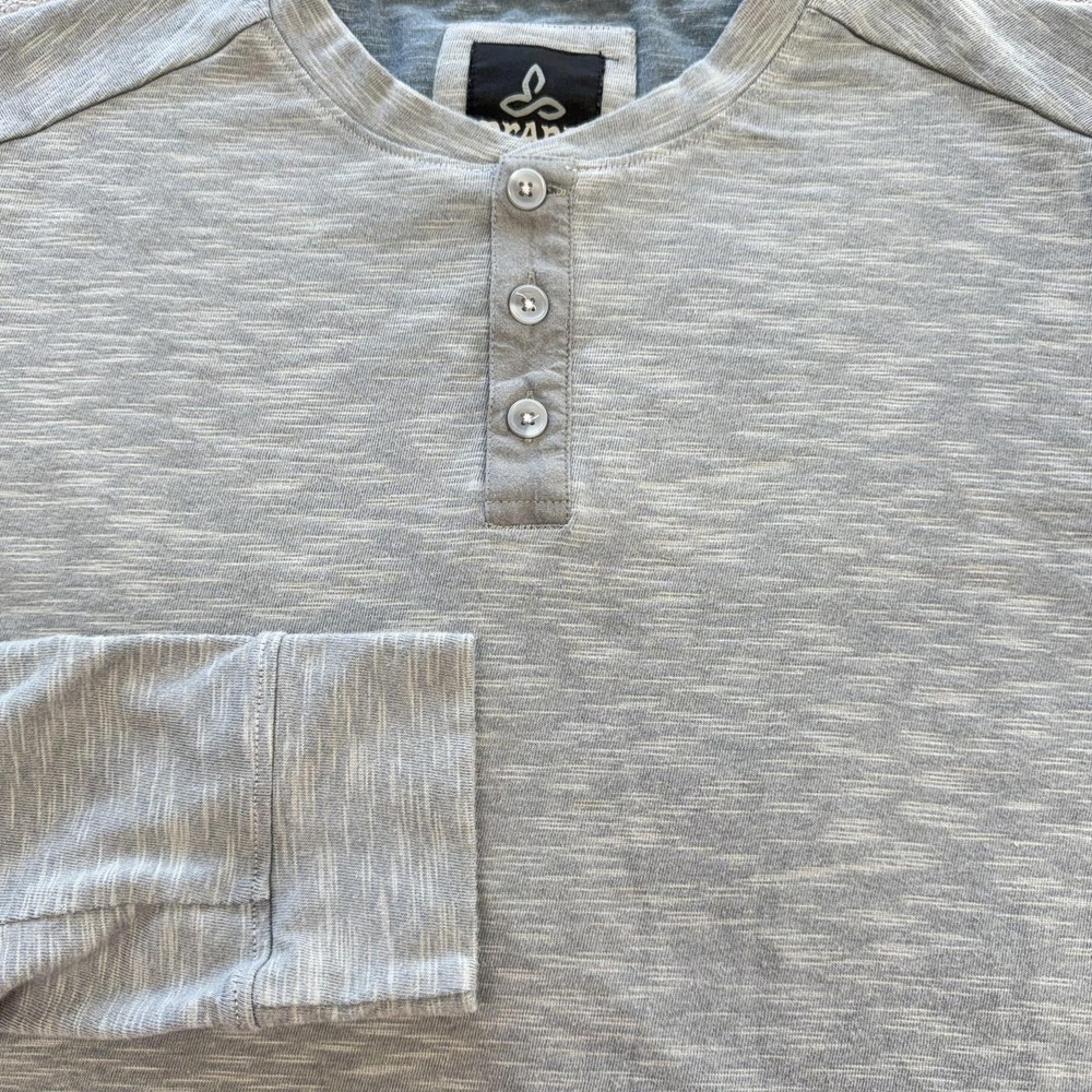 PrAna Shirt Mens M Gray Henley Long Sleeve Lightweight Button Cotton Blend