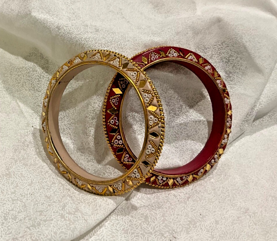 2 PCS KUNDAN GOLD TONE INDIAN WEDDING BOLLYWOOD BANGLE  ETHNIC Bracelets