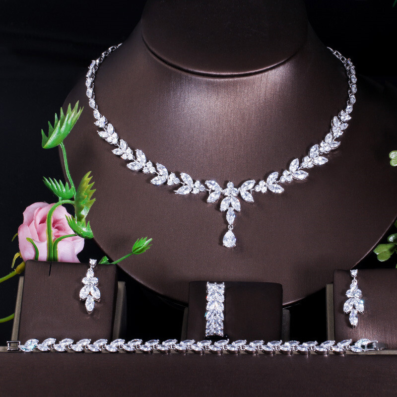 Wedding Necklace Bracelet Earrings Ring Set Silver Plated Cubic Zirconia Jewelry
