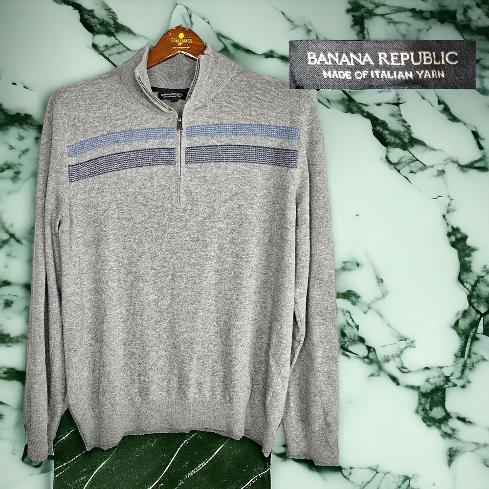 Banana Republic Quarter Zip Pullover Sweater Mens L Wool Blend Italian Yarn Gray