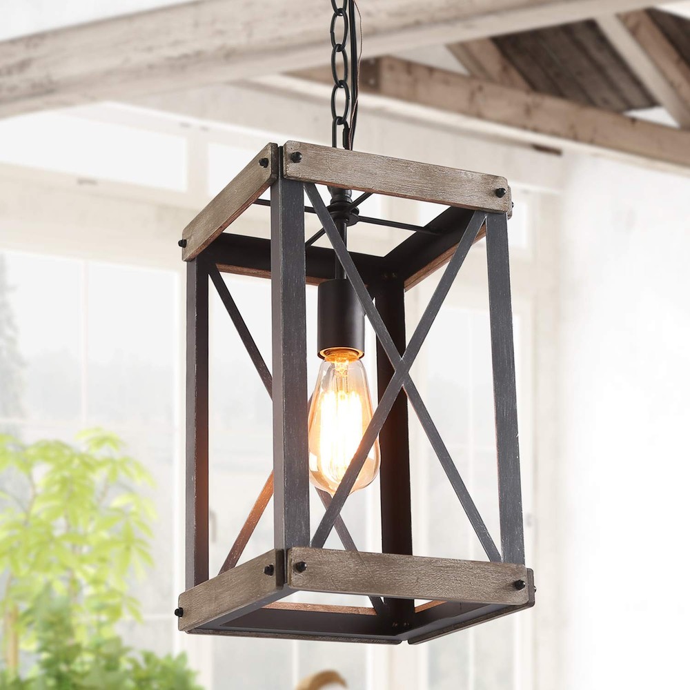 Farmhouse Rustic Wood Cage Pendant Chandelier for Kitchen Island Lighting
