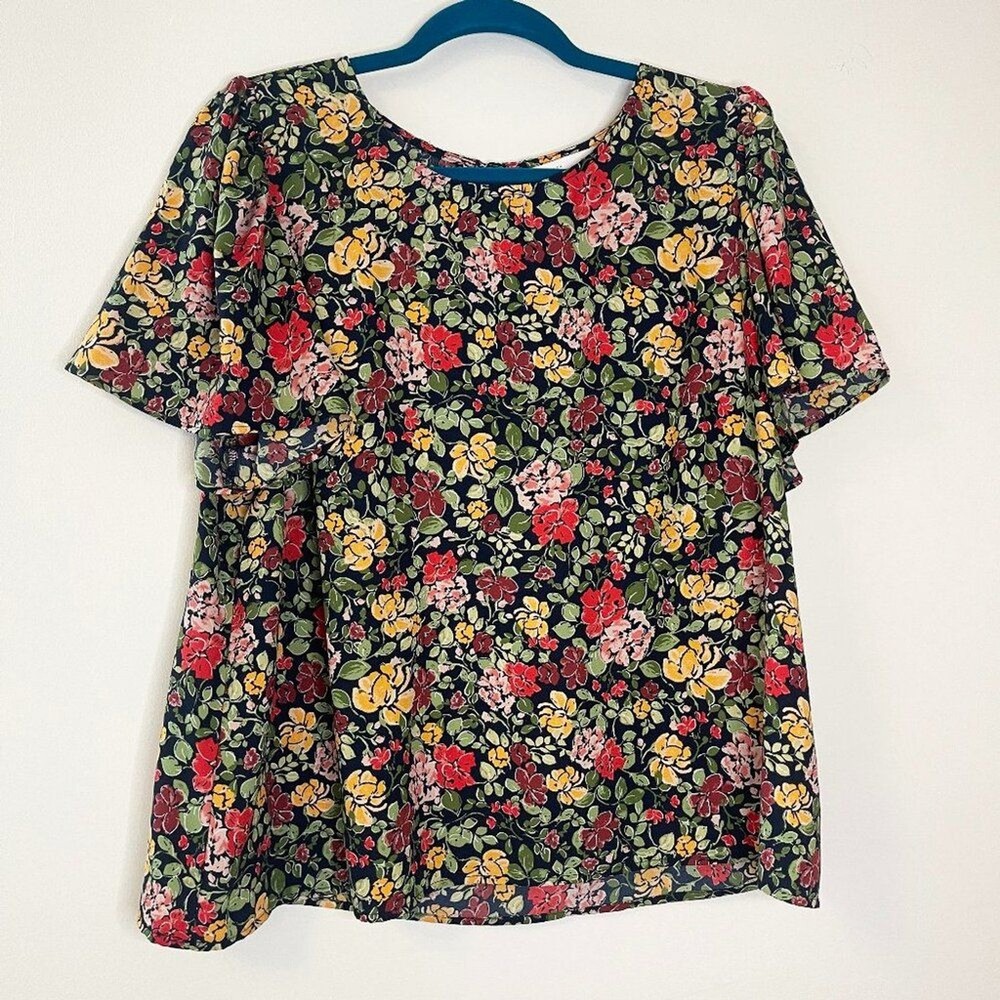 Lauren Conrad LC Floral Blouse XL Cottagecore Navy Yellow Boho Short Sleeve Top