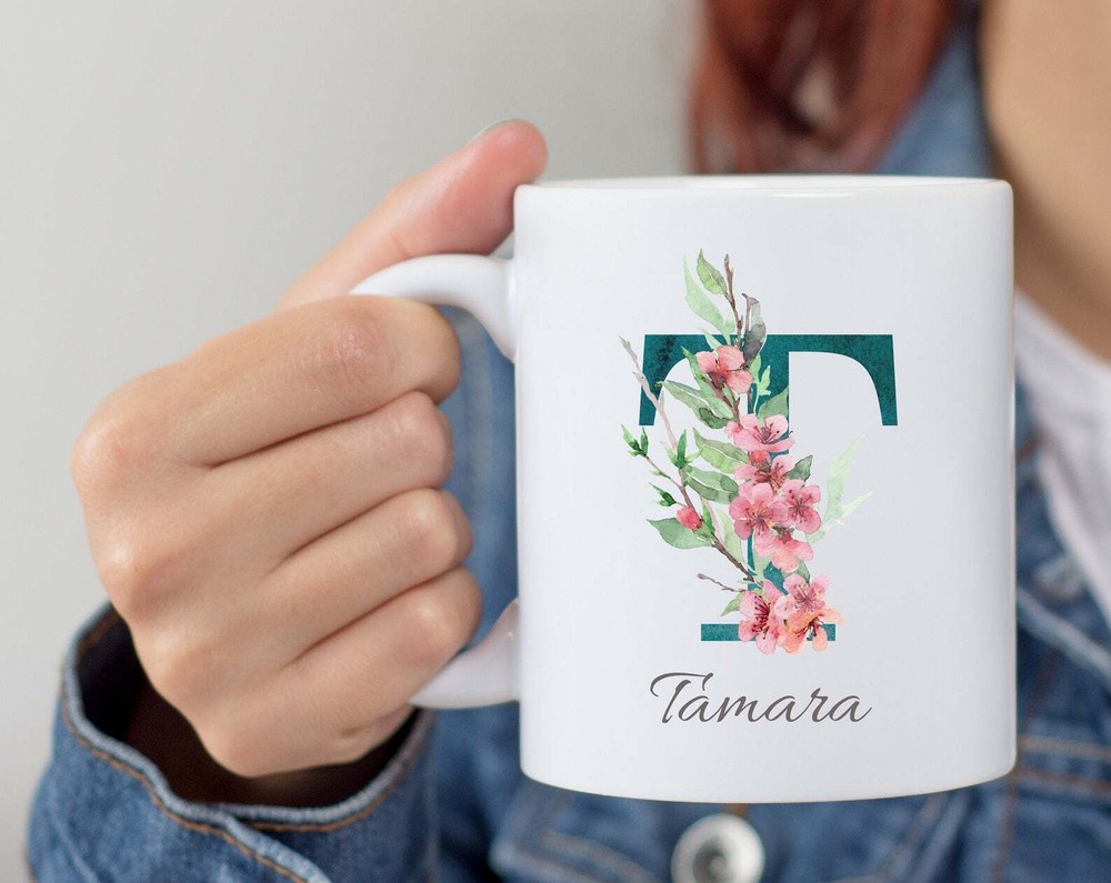 Personalized Monogram Initial Name Mug Floral Alphabet Cup Birthday Gift