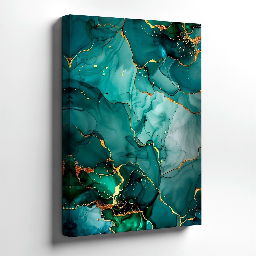 Wall Art Abstract Teal Green Gold Marble Fluid Ink Poster Canvas Print Decor