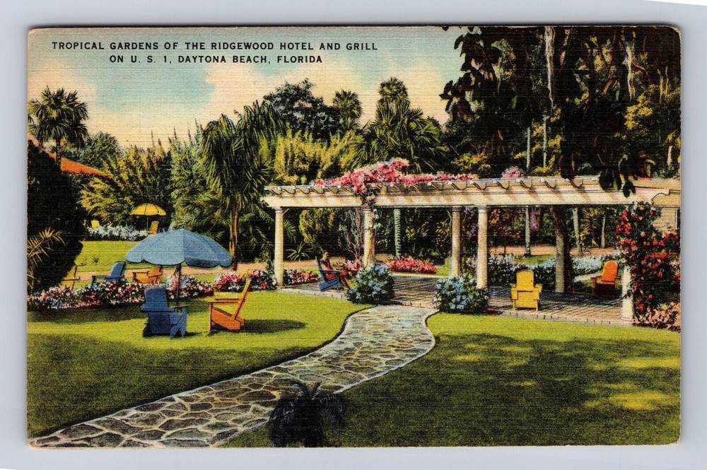 Daytona Beach FL-Florida, Tropical Garden Ridgewood Hotel, Vintage Postcard