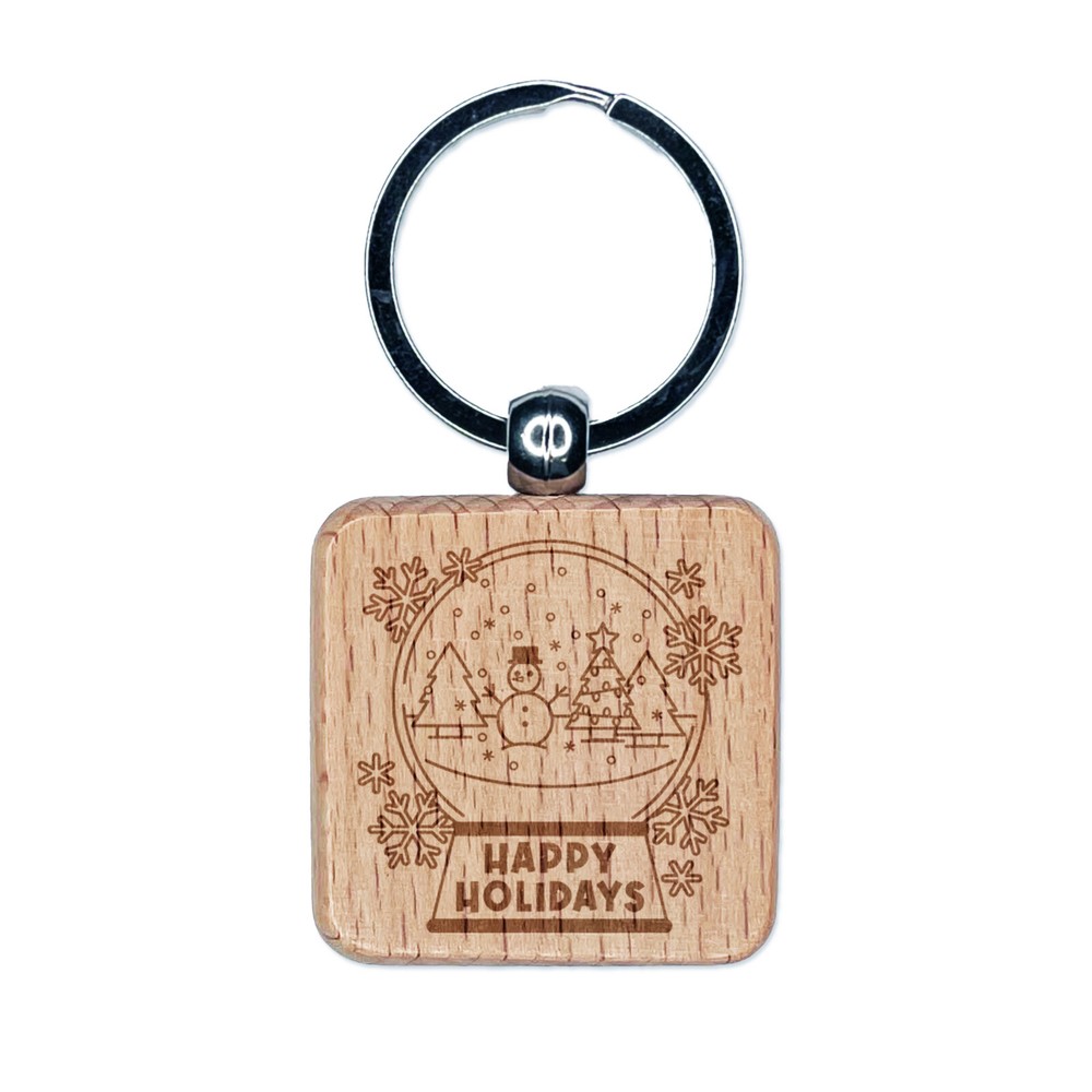 Happy Holidays Snow Globe Christmas Snowman Engraved Wood Square Keychain