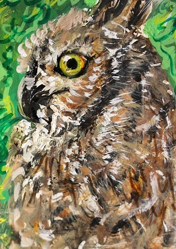 ORIGINAL ACEO PAINTING Great Horned OWL Spring BIRD Animal Tree Nature ATC ART