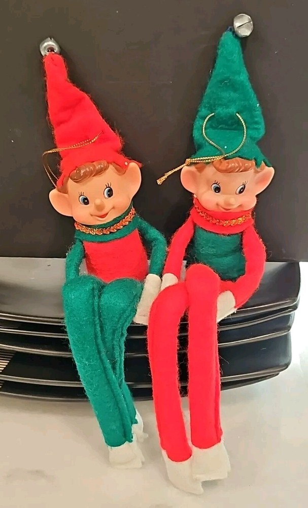 Vintage Knee-Hugger Elf Ornament Set of 2 in Red and Green
