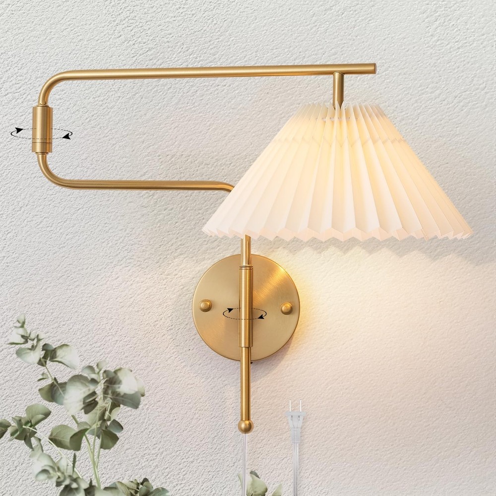 Gold Swing Arm Wall Sconce Set of 2,Plug in Wall Sconces with White Pleated F...