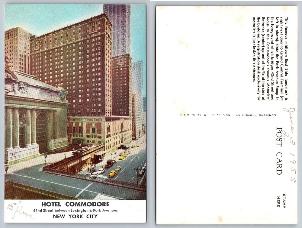 Hotel Commodore NYC Postcard 1955 Grand Central Park Avenue Ramp Vintage