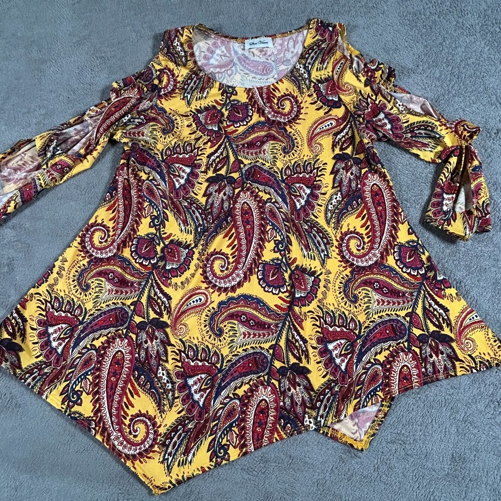 Star Vixen Women's S Yellow Red Paisley Boho Cold Shoulder Stretchy Tunic Blouse