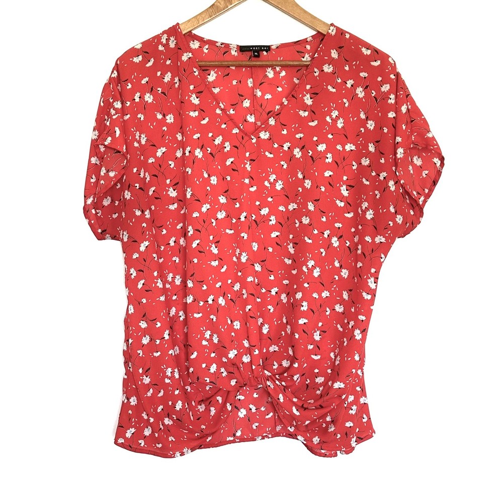 West Kei Shirt Women's XL Coral Floral V Neck Short Sleeve Twist Front Blouse
