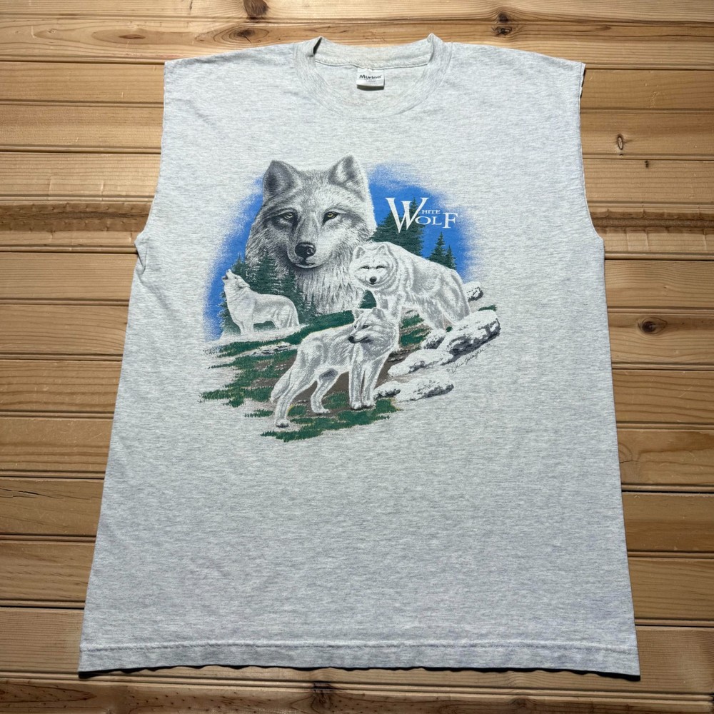 Vintage 1994 White Wolf Pack Sleeveless Heather Graphic Muscle Shirt USA - Large
