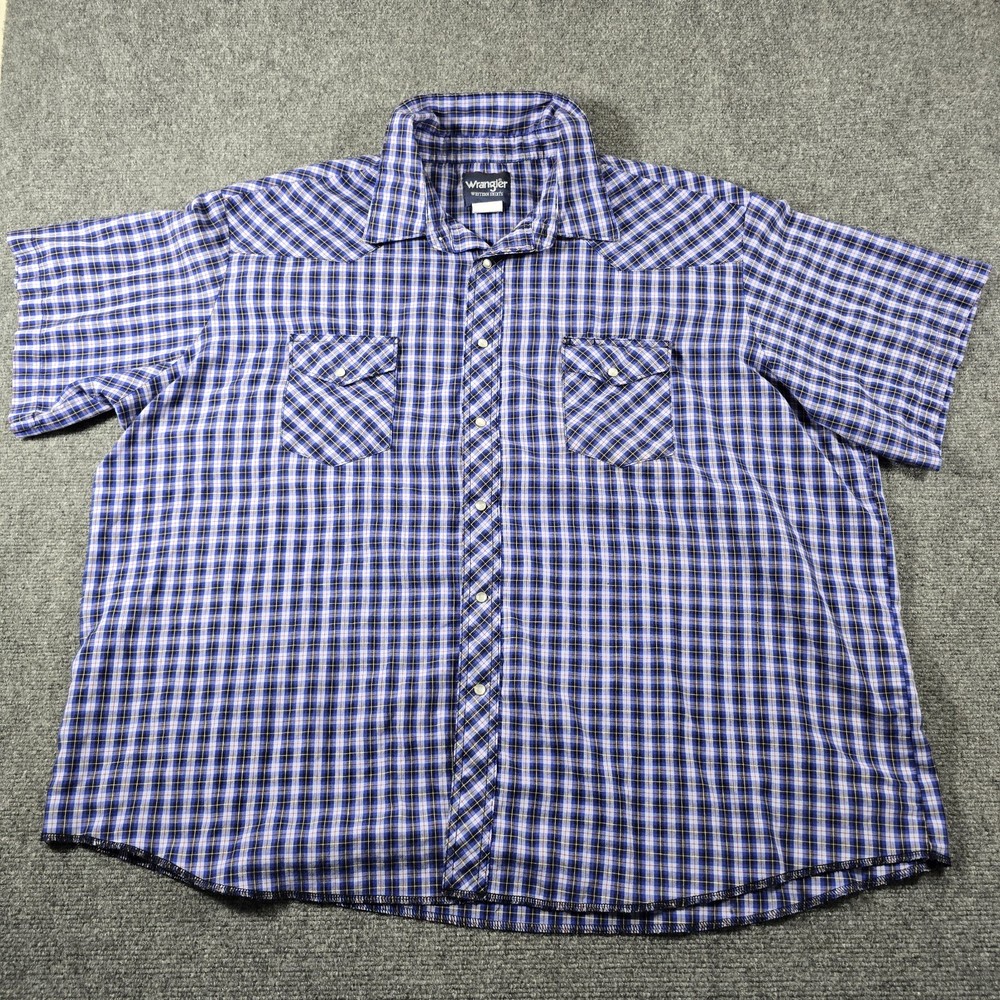 Wrangler Western Shirt Mens 3XL Tall Blue Brown Plaid Pearl Snap Short Sleeve