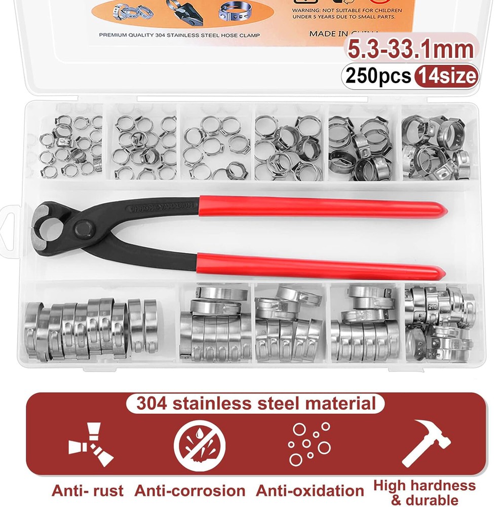 250PCS Single Ear Stepless Hose Clamps 304 Stainless Steel Ear Hose Clamps Plier