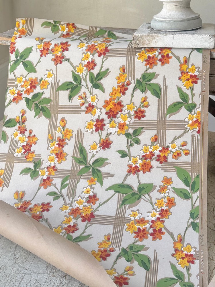 1yd French Wallpaper 1920’s Floral Trellis Yellow Orange Green Cottage Garden D