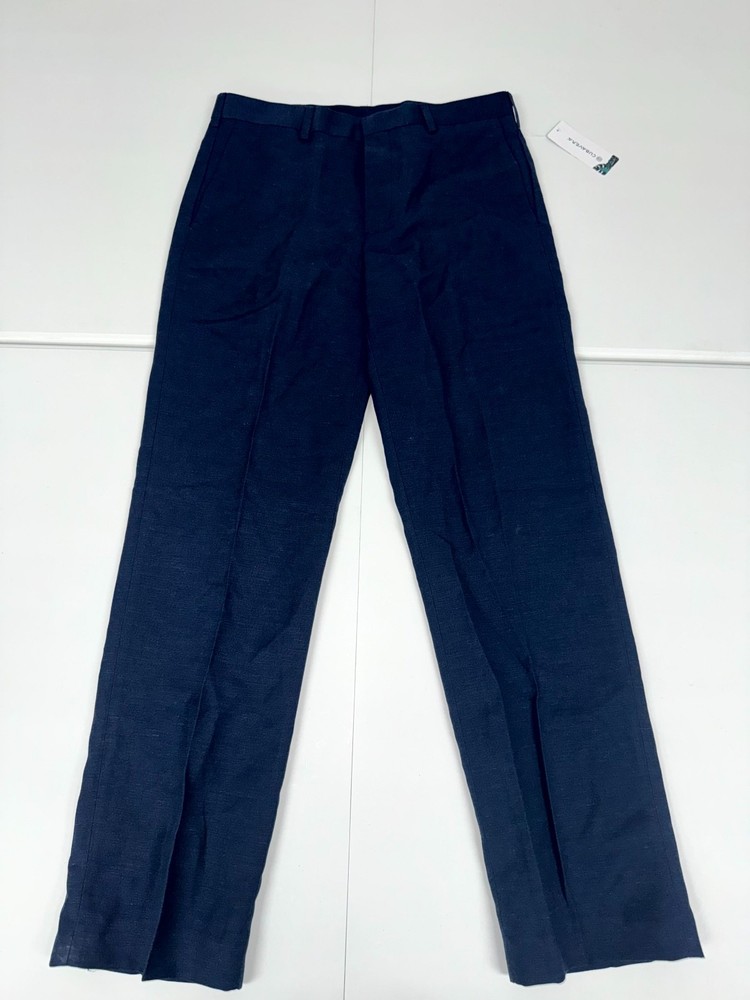 Cubavera Dress Pants Mens Navy Blue Flat Front Linen Blend Straight Leg Business