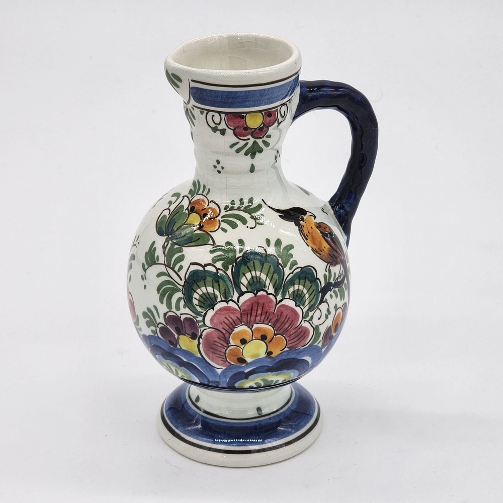 Polychrome Hand Painted Holland Mini Pitcher Vase White Floral Marked
